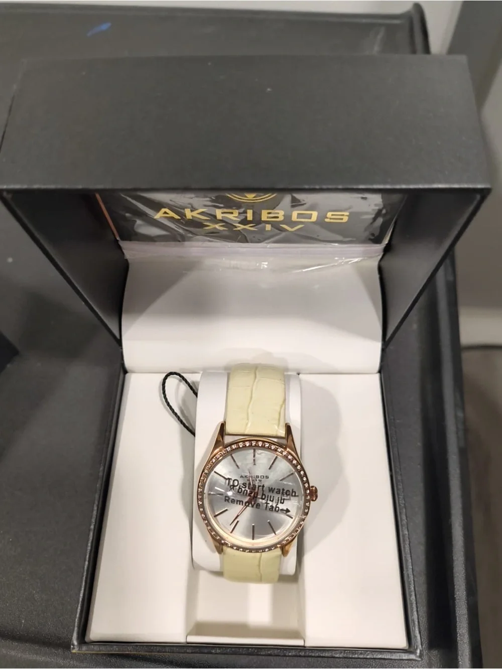Beige Leather Strap Women's Crystal Bezel Watch